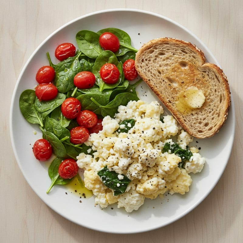 Cottage Cheese Scramble with Sautéed Spinach and Cherry Tomatoes