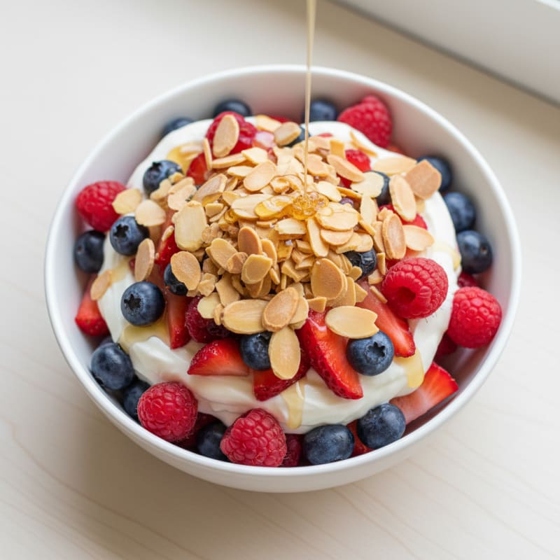 Greek Yogurt Protein Parfait with Mixed Berries and Almonds