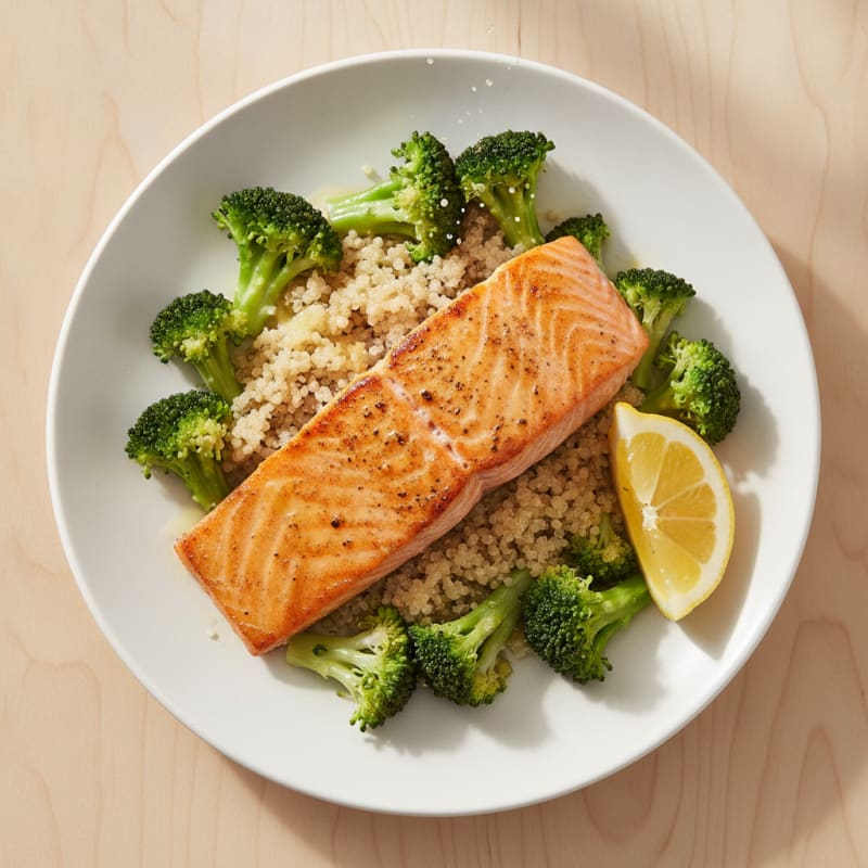 Seared Salmon Fillet with Steamed Broccoli and Quinoa