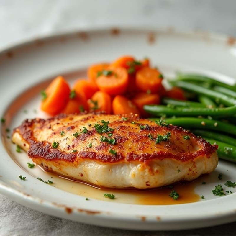 Crispy Pan-Seared Chicken with Maple-Glazed Roasted Carrots and Green Beans