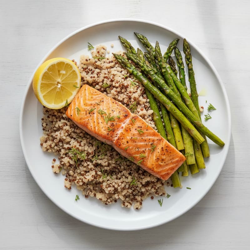 Seared Salmon Fillet with Roasted Asparagus and Quinoa