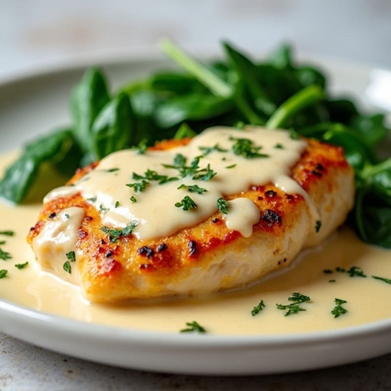 Pan-Seared Creamy Garlic Chicken Breast with Wilted Spinach