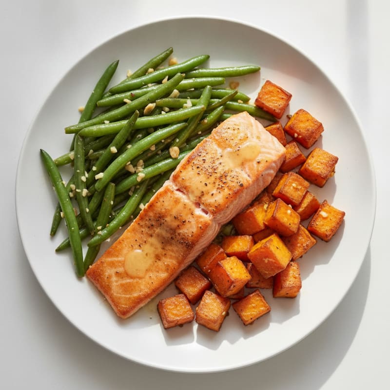 Seared Salmon with Garlic Green Beans and Roasted Sweet Potato