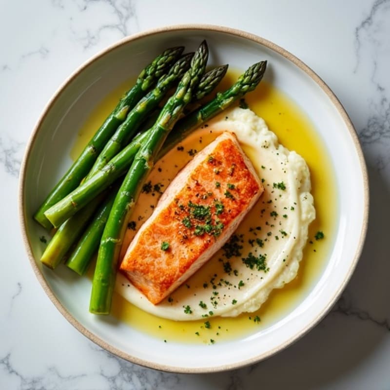 Seared Salmon with Steamed Asparagus and Cauliflower Mash