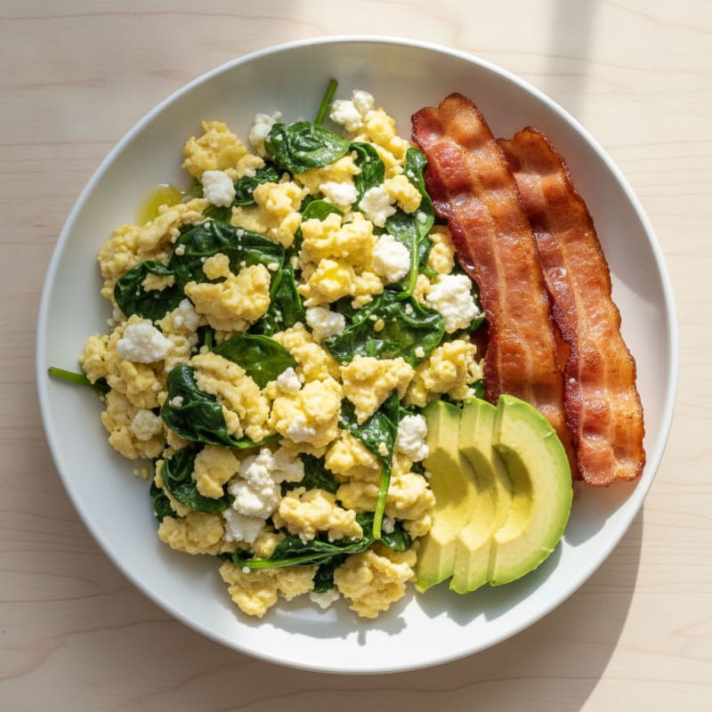 Cottage Cheese Scramble with Spinach and Turkey Bacon