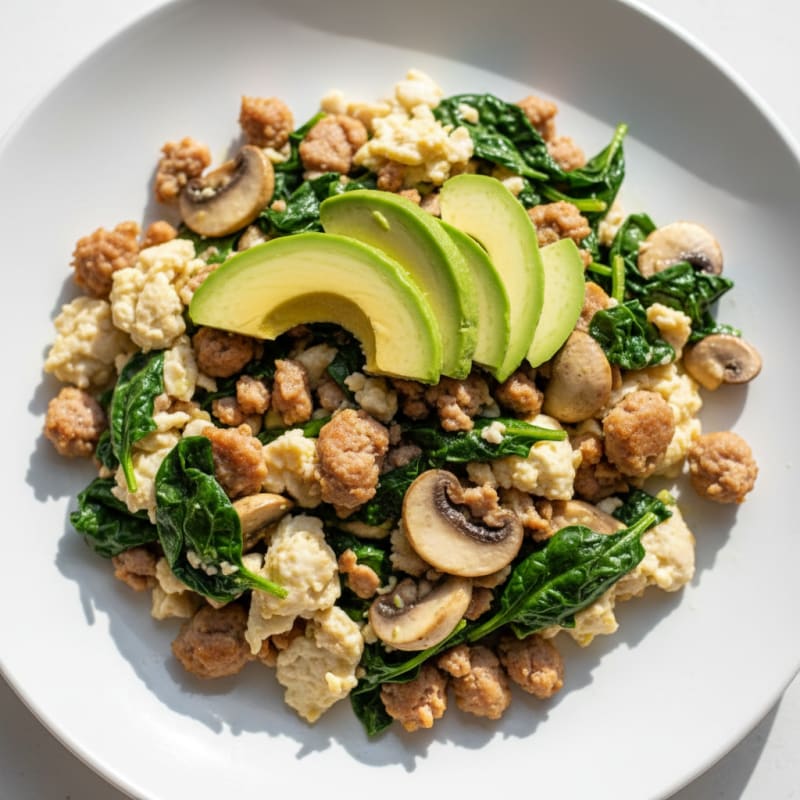 Egg White and Turkey Sausage Scramble with Spinach and Mushrooms