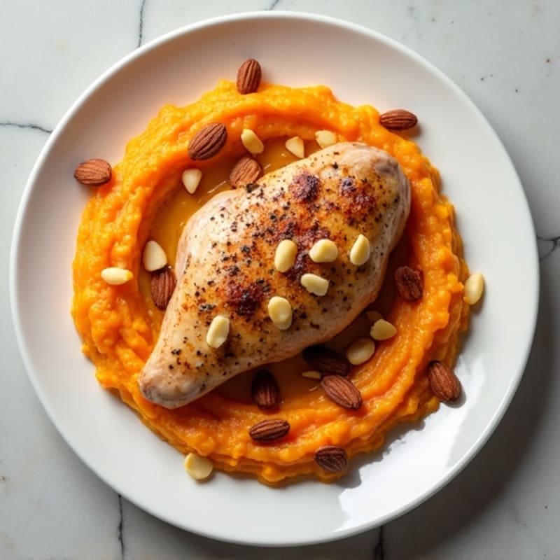 Roasted Chicken with Vanilla Sweet Potato Puree and Crispy Almonds