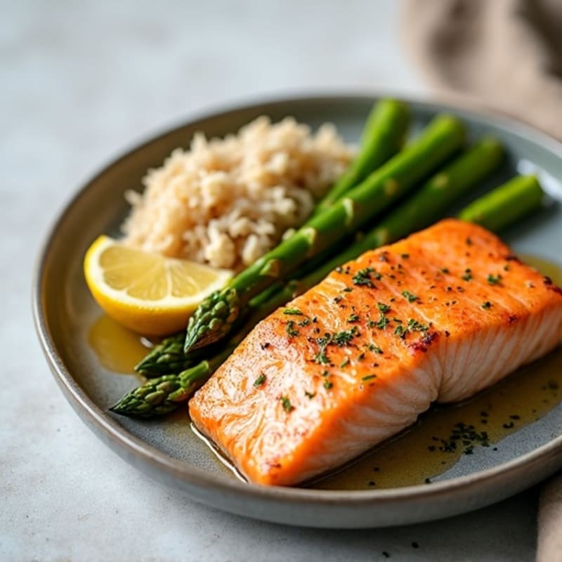 Baked Salmon Fillet with Steamed Asparagus and Brown Rice