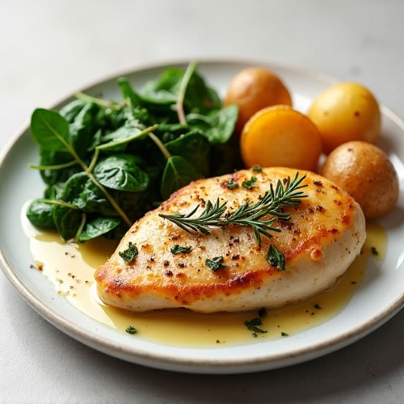 Herb-Roasted Chicken with Crispy Potatoes and Garlic Spinach