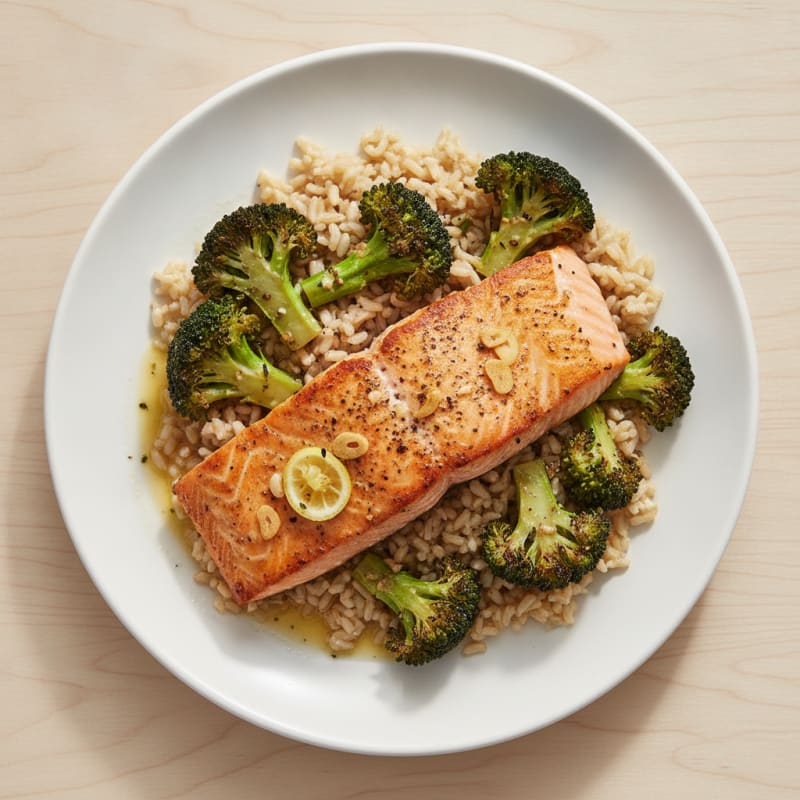 Seared Salmon with Herb-Roasted Broccoli and Brown Rice