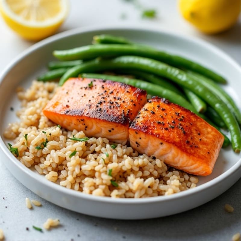 Seared Salmon with Steamed Green Beans and Brown Rice