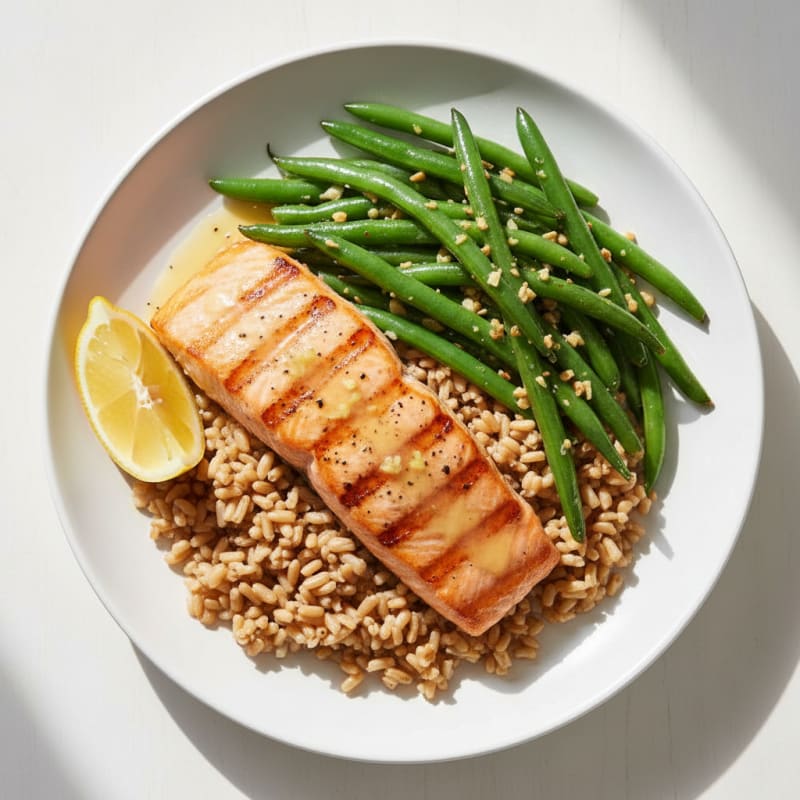 Seared Salmon with Garlic Green Beans and Brown Rice