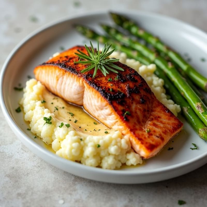 Seared Salmon with Roasted Asparagus and Garlic Cauliflower Mash