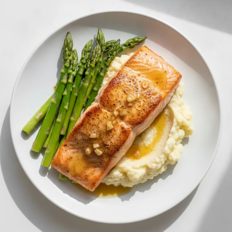 Seared Salmon with Steamed Asparagus and Garlic Cauliflower Mash