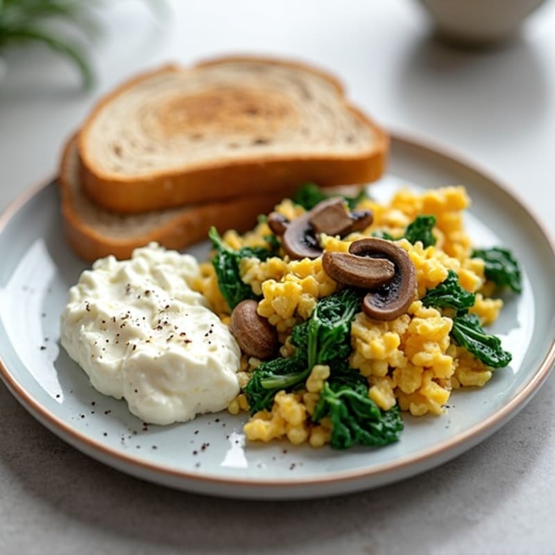 Egg White Spinach Scramble with Cottage Cheese, Sautéed Mushrooms, and Whole Grain Toast