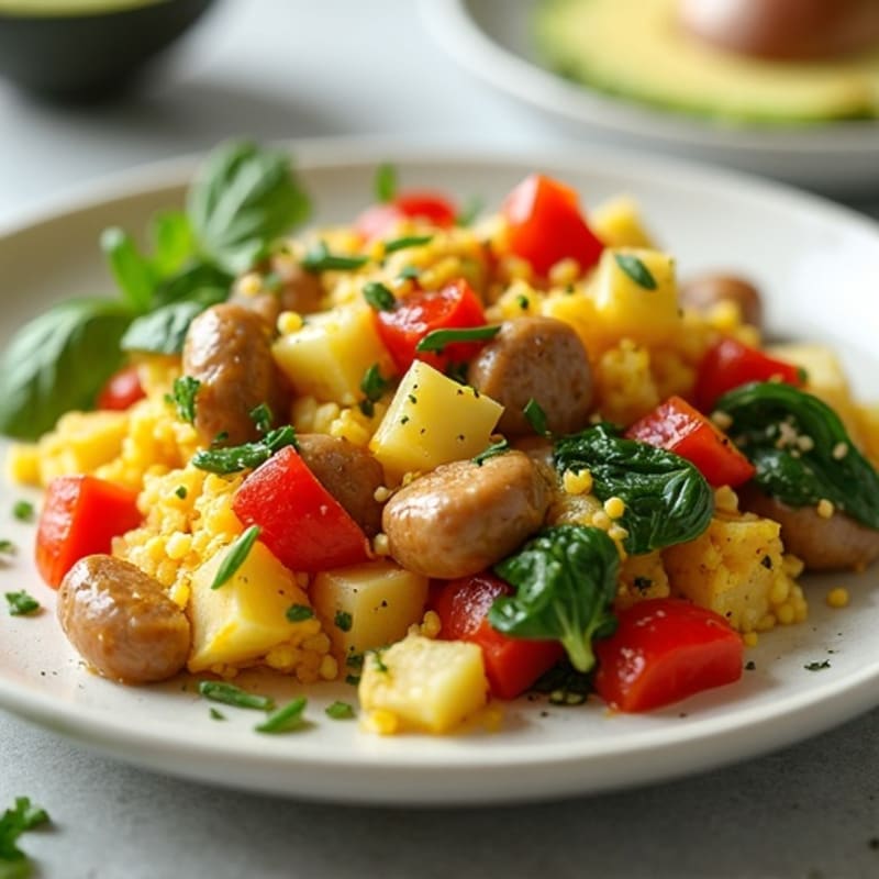 Egg White and Turkey Sausage Scramble with Spinach and Bell Peppers
