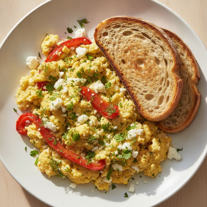 Egg and Feta Scramble with Roasted Red Peppers and Fresh Herbs