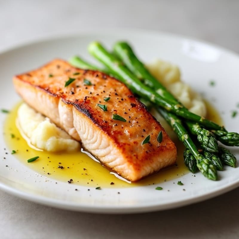 Seared Salmon with Steamed Asparagus and Garlic Mashed Potatoes