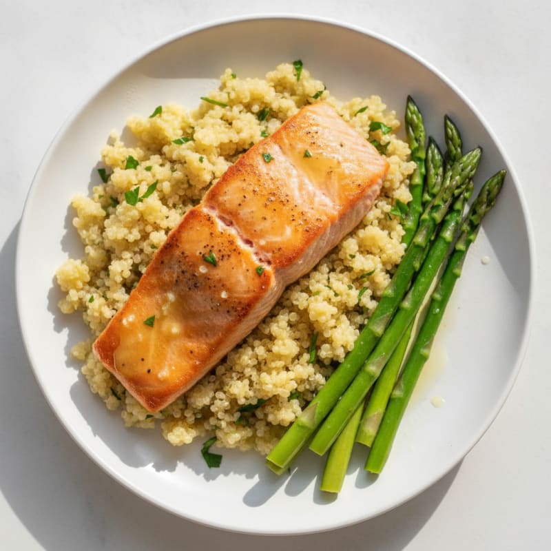 Seared Salmon with Steamed Asparagus and Lemon Quinoa