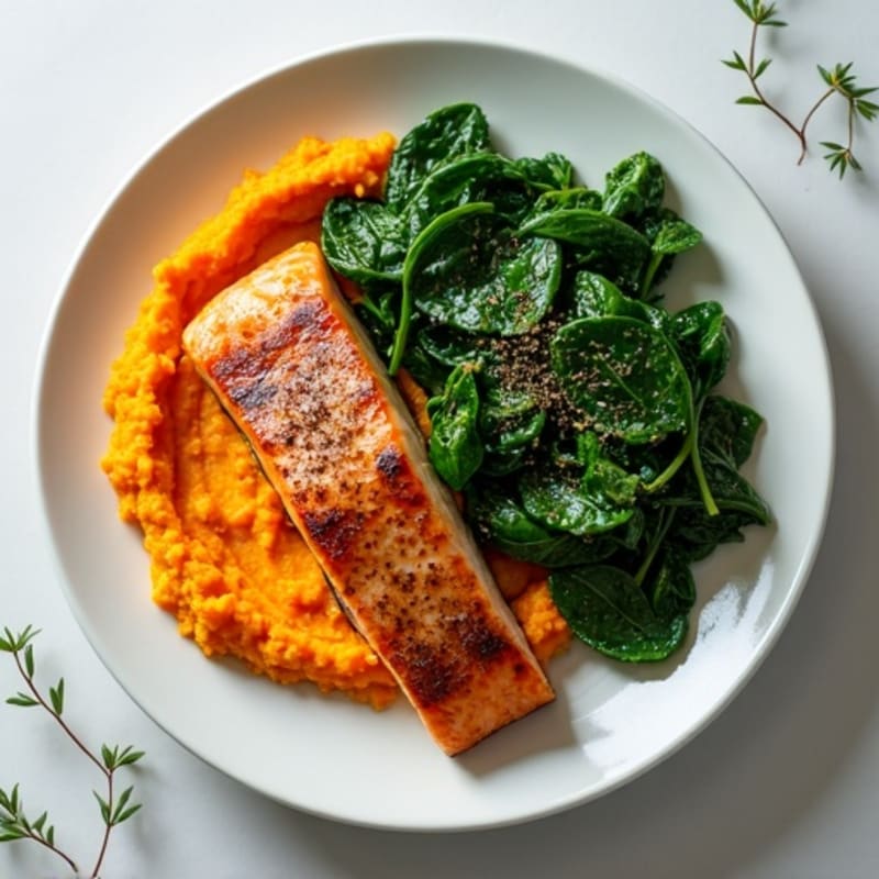 Seared Salmon with Garlic Spinach and Sweet Potato Mash