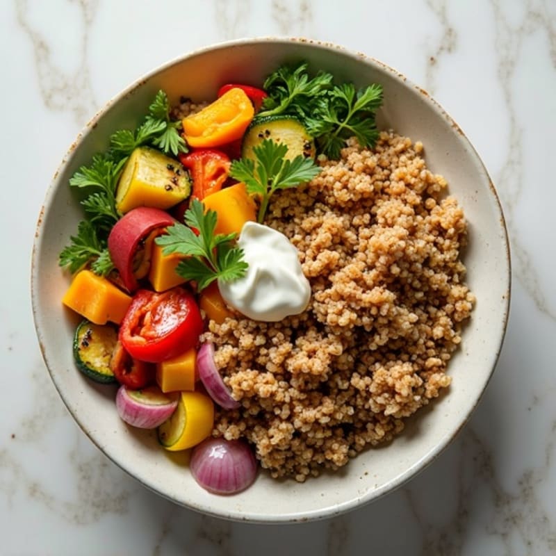 Savory Ground Turkey & Roasted Veggie Bowl with Zesty Lemon Herb Drizzle