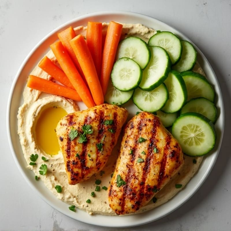 Hummus Platter with Grilled Lemon Chicken and Crisp Veggies