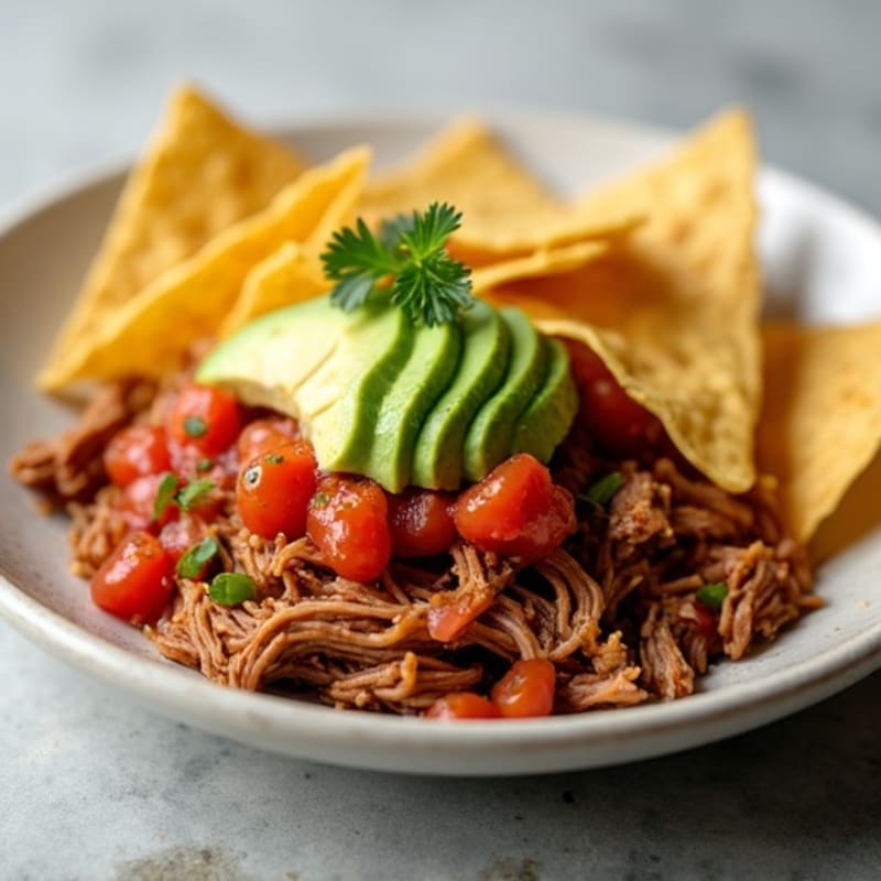 Slow Cooked Pulled Pork with Crispy Baked Tortilla Chips, Fresh Salsa, and Creamy Avocado