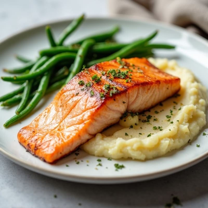 Seared Salmon Fillet with Garlic Mashed Potatoes and Sautéed Green Beans