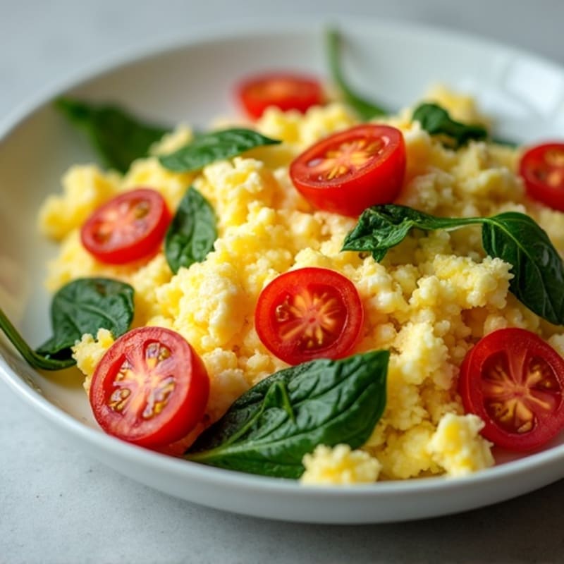 Cottage Cheese Egg Scramble with Spinach and Cherry Tomatoes