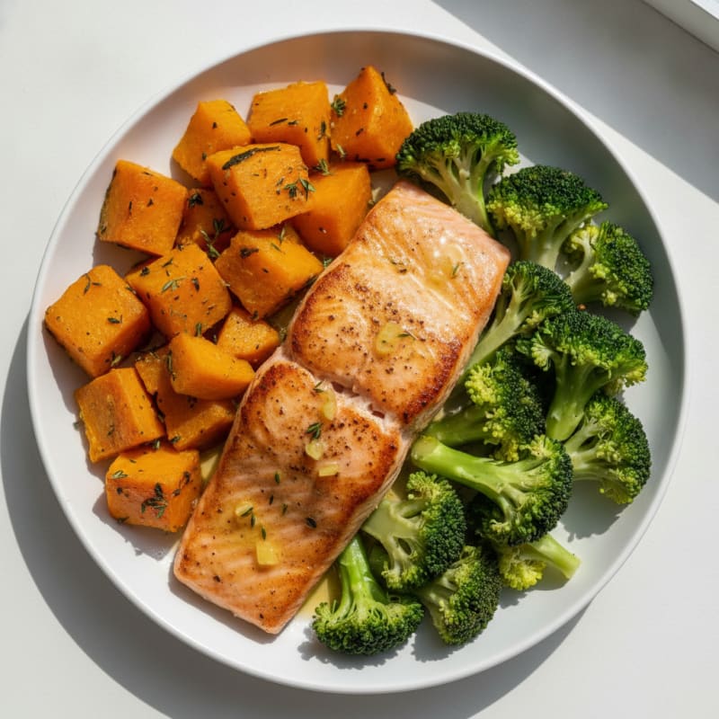 Seared Salmon with Herb-Roasted Pumpkin and Steamed Broccoli