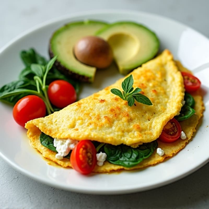 Egg White Spinach Omelette with Cottage Cheese, Cherry Tomatoes & Avocado Garnish