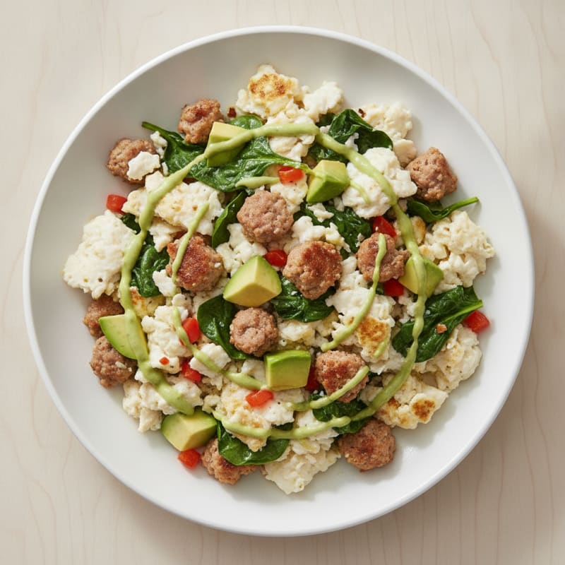 Egg White and Turkey Sausage Scramble with Sautéed Spinach