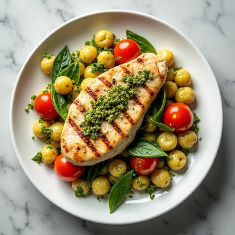 Gnocchi with Fresh Basil Pesto, Roasted Cherry Tomatoes, and Grilled Chicken