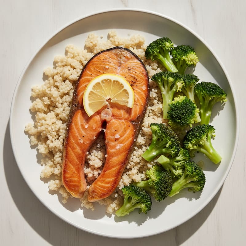 Seared Salmon Filet with Steamed Broccoli and Quinoa
