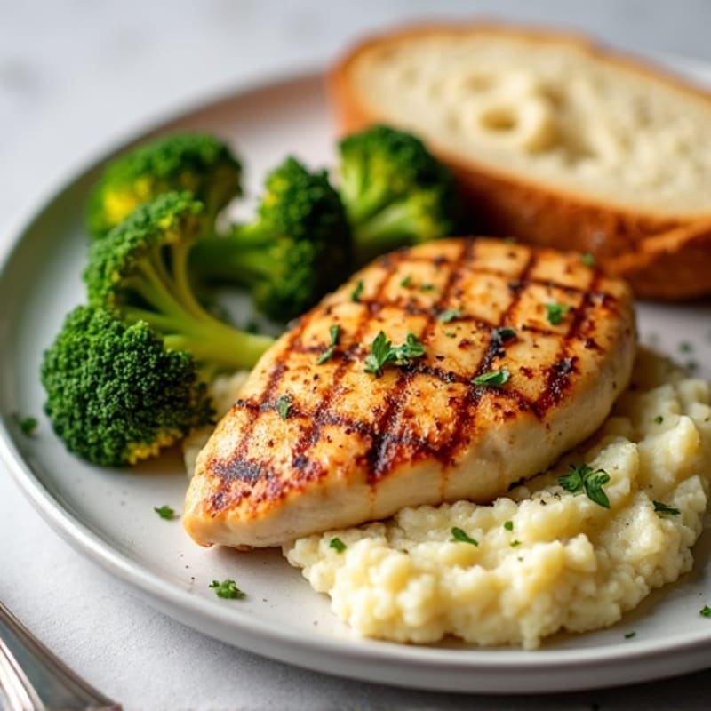 Grilled Chicken Breast with Roasted Broccoli and Cauliflower Mash