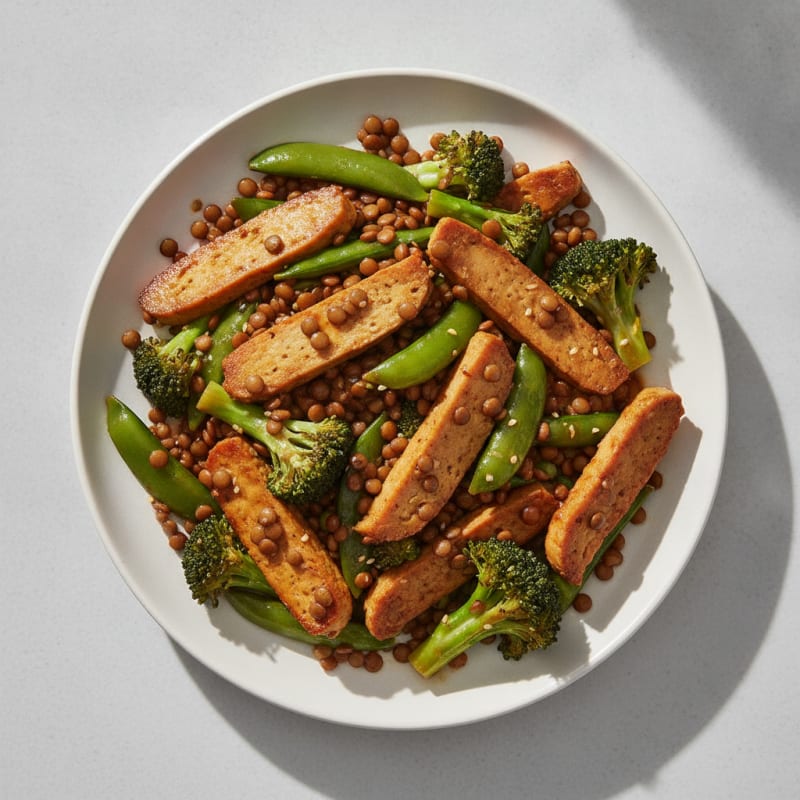 Lentil and Seitan Stir Fry with Steamed Broccoli and Snap Peas