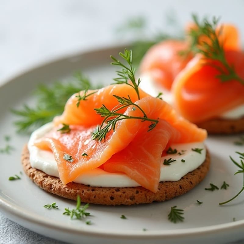 Fresh Smoked Salmon with Creamy Dill Spread on Crispy Whole Grain Crackers