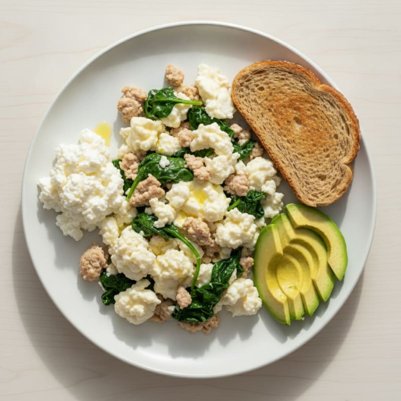 Egg White and Turkey Spinach Scramble with Cottage Cheese