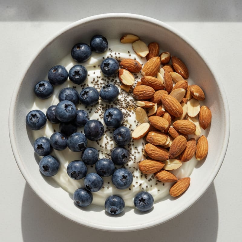 Creamy Greek Yogurt Bowl with Whey Protein, Almonds and Berries