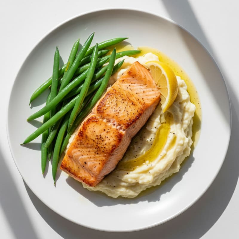 Seared Salmon Fillet with Steamed Green Beans and Garlic Mashed Potatoes