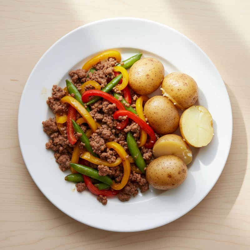 Ground Beef and Bell Pepper Stir-Fry with Steamed Potatoes