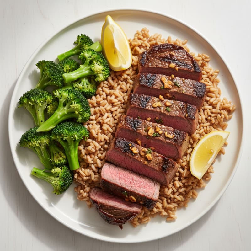 Grilled Beef Steak with Brown Rice and Steamed Broccoli