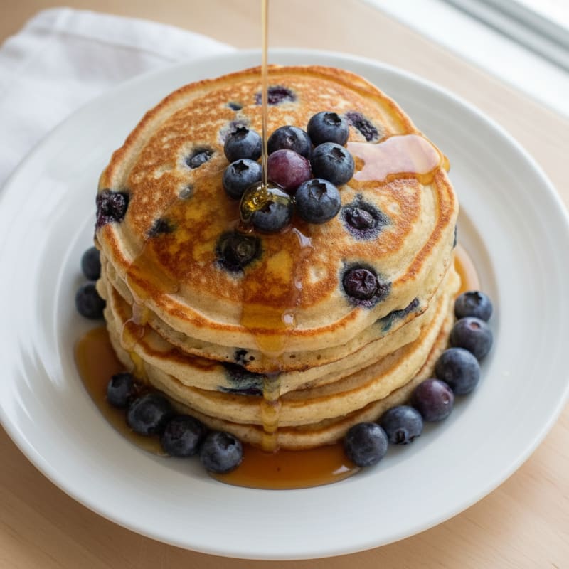 Blueberry Ricotta Pancakes with Maple Syrup