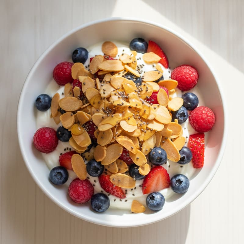 Greek Yogurt Parfait with Mixed Berries and Crunchy Almonds