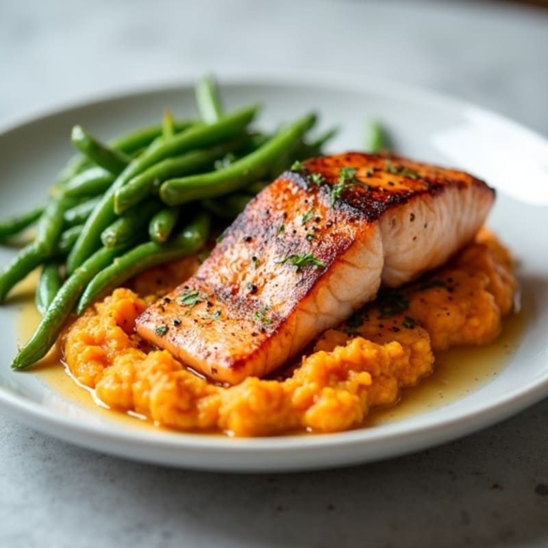 Seared Salmon with Garlic Green Beans and Sweet Potato Mash