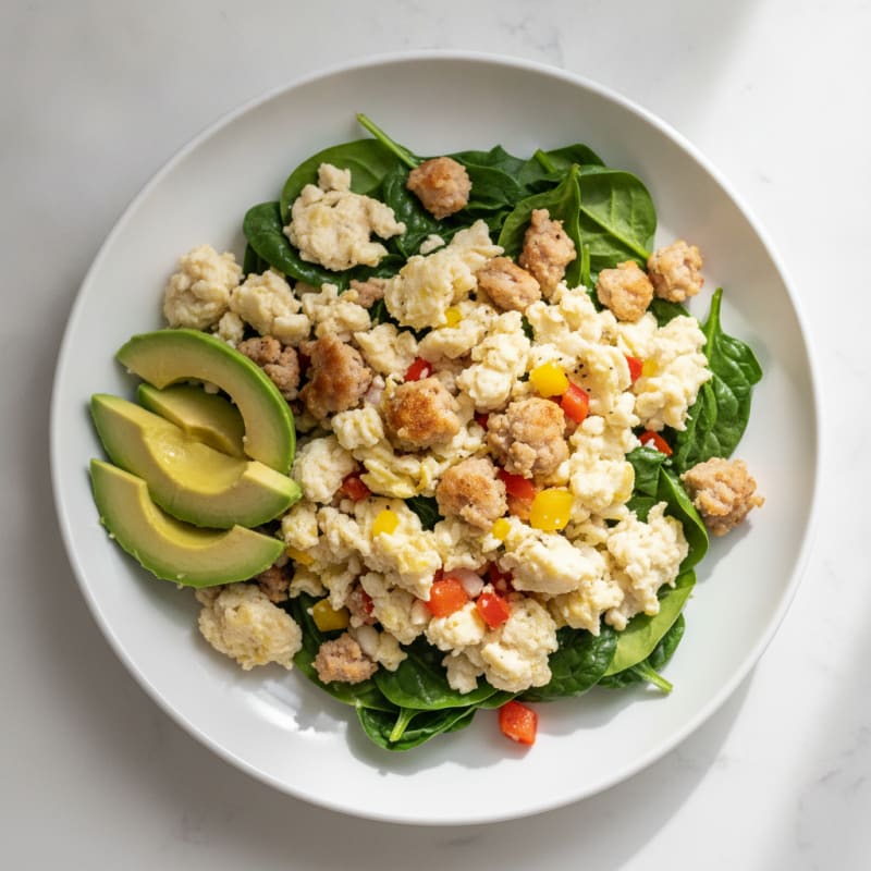 Egg White and Turkey Sausage Scramble with Sautéed Spinach
