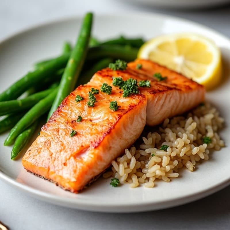 Seared Salmon with Garlic Green Beans and Brown Rice
