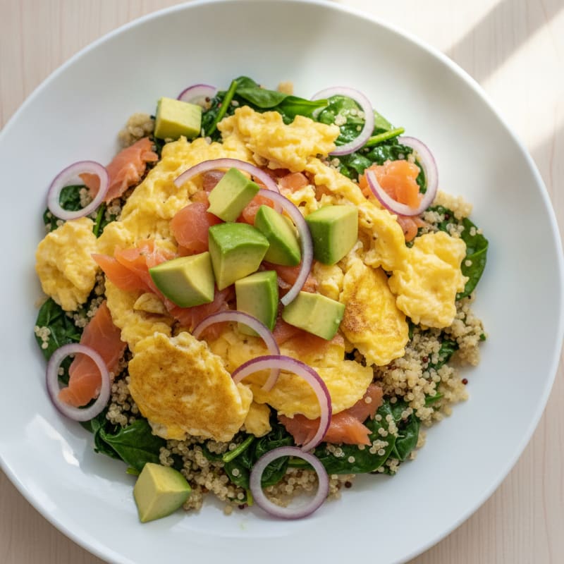 Smoked Salmon Scramble with Sautéed Spinach and Quinoa