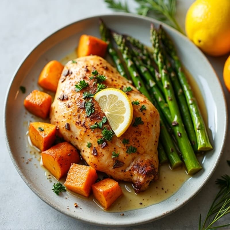 Lemon Herb Roasted Chicken with Roasted Sweet Potatoes and Asparagus