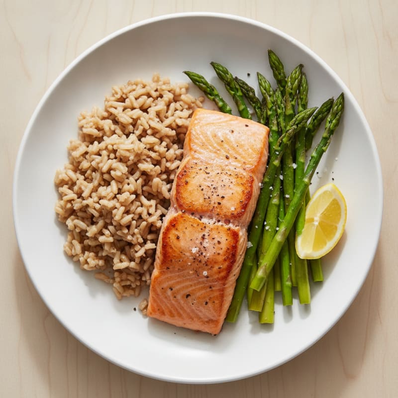 Seared Salmon Fillet with Steamed Asparagus and Brown Rice